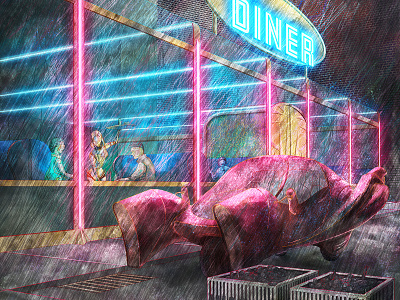 Diner at Night car city cyberpunk digital painting diner illustration neon sci fi sprawl urban