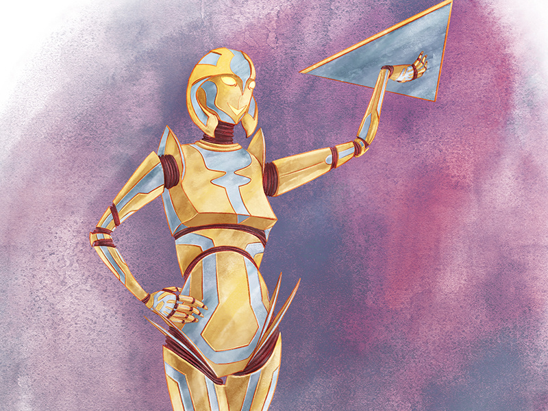 Robot Waitress retro futurism future retro metal purple silver gold sci-fi watercolor digital waitress robot