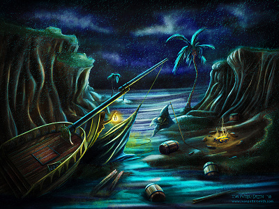Shipwrecked! campfire conceptart cove environment illustration night ocean pirate shipwreck