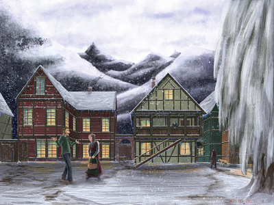 Town Square cold illustration low contrast norway painting snow square town town square
