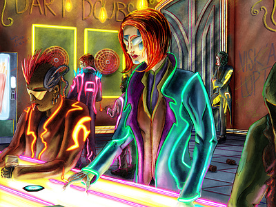 The Mirrorshade Club bar bounty hunter cyberpunk cyborg digital painting illustration mirrorshades neon sci fi