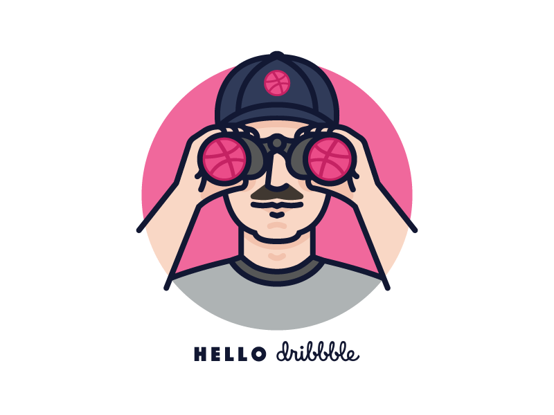 Hello Dribbble! dribbble debut binoculars hello mustache dribbble icon line monoline illustration person man avatar