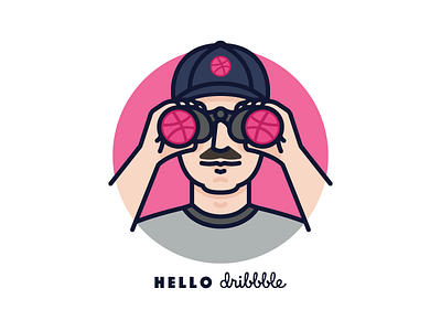 Hello Dribbble! avatar binoculars dribbble dribbble debut hello icon illustration line man monoline mustache person