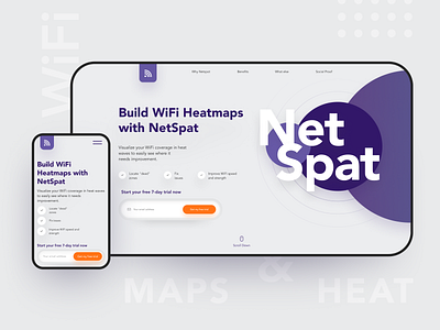 Landing Page for NetSpat - WiFi Heatmaps Builder branding concept design ecommerce design icon illustration landing logo mobile orange ui ux vector violet web wifi