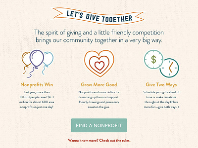 Let's Give Together balloons banner clock community hearts icons nonprofit texture ui web
