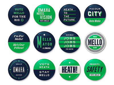 Mello Buttons brand buttons campaign green identity mayor omaha politics type