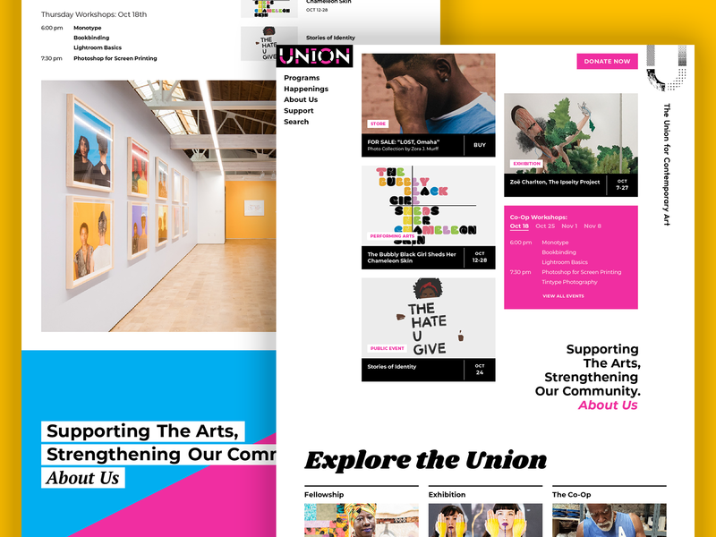 UNION Website art brand community donate events gallery home nonprofit ui website