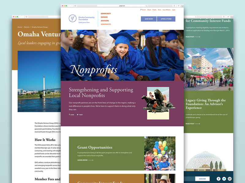 Community Foundation Website brand color block community education nonprofit omaha photogarphy ui web design