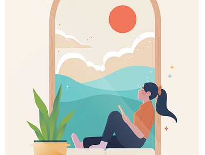 By the window design digital editorial female illustration illustrator minimalist style frame vector