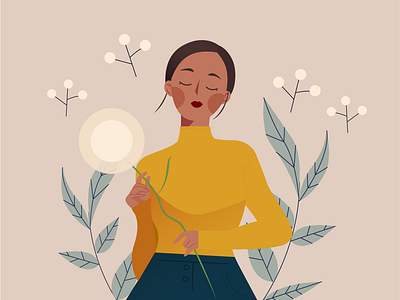 Serenity Illustration Series dandelion debut design editorial female first shot flower illustration illustrator minimalist plant poc style frame vector woman yellow