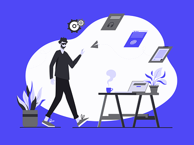 time for work art blue business character clean colors concept design graphic illustration laptop minimal office plants shape vector violet web work working space
