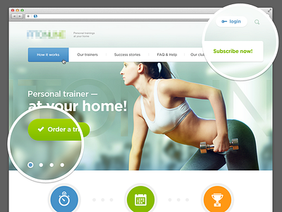 Home fitness blue calendar colors fitness green icons landing page lifestyle orange stopwatch trophy web website
