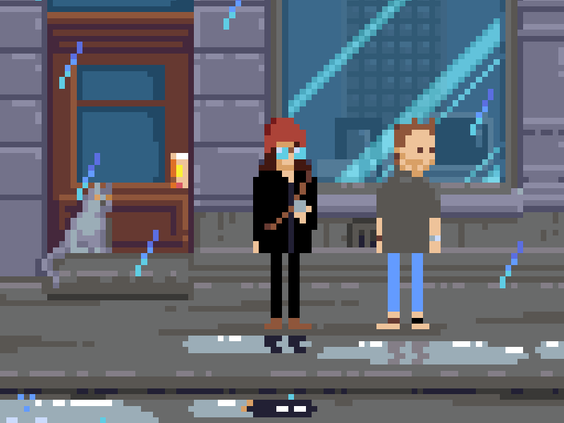 A girl and a boy and a cat and no bus 8bit art game girl illustration pixel pixelart retro