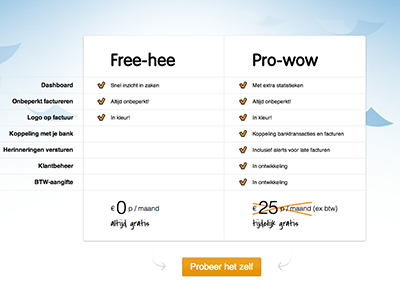 Free-hee and pro-wow, Freemle.com pricing page free hee pricing pro wow table