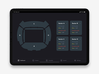 Stadium light control system iPad App UX UI Design. Dashboard color creative dashboard design graphicdesign inspiration ipad light lightning stadium ui ux uxui