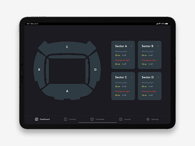 Stadium light control system iPad App UX UI Design. Dashboard