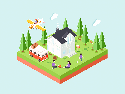 Family camping airplane bus camping car fly forest house isometric people picnic