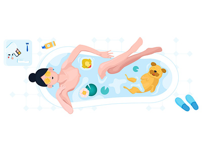 Cosmetics bath bathtub character dog girl illustration pug vector woman