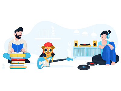 Books&Music adobe books bowie character design family free time guitar illustration illustrator joy love pug vector vinyl