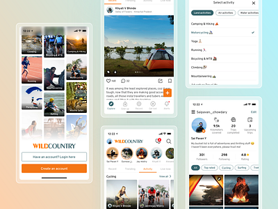 WildCountry App adventures air branding country emojis explore gear get lost gradient illustration land messages minimal profile record trips water wild wildcountry