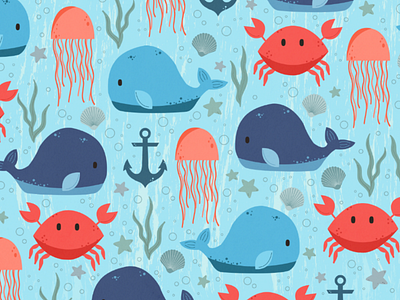 Nautical Creatures anchor animal aquatic beach crab illustration. graphic design jellyfish nautical seashell whale
