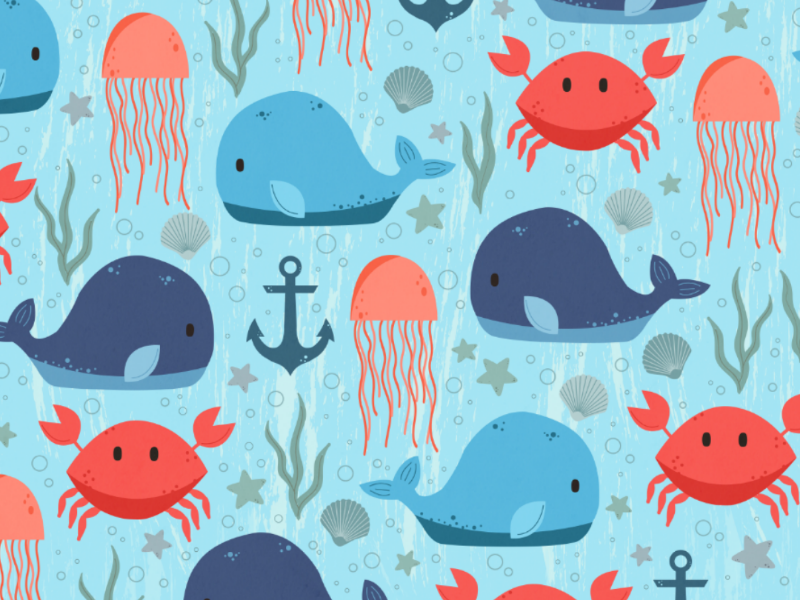Nautical Creatures illustration. graphic design beach seashell anchor jellyfish crab whale aquatic nautical animal