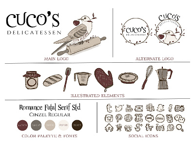 CuCo's Delicatessen Branding bakery branding design floral flowers hand drawn illustrated logo pattern