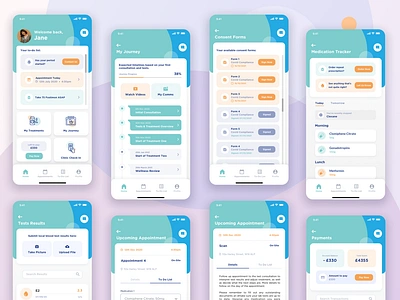 Patient App Concept Screens for a Fertility Clinic appointments blue branding clinic consents dashboard design green illustration logo medical medication tracker mobile design product design test reults