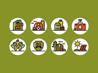 Prepper Icon Set axe barn camping first aid flat icon icon icon set iconography illustration outline icon simple icon survival ui user interface website