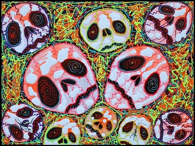 Web Of Skulls By Laura Barbosa Original Painting 18x24 2012 abstract aerosol spray artwork barbosa black dark goth gothic graffiti green horror macabre modern art neon orange original painting skulls spider web spraypaint street web white