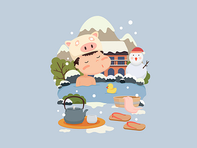 Snowy day spa bathe illustration snow spa