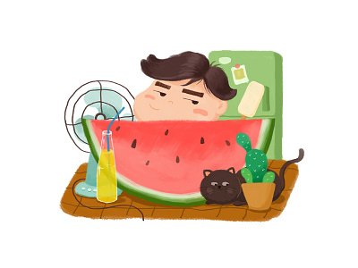 Summer Solstice cat illustration refrigerator watermelon