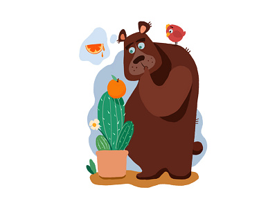 The orange bear bear bird cactus illustration orange
