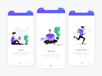 Intro Slider 2d app bag books cloud coding computer glasses guy laptop learning mobile app development mobileappdesign mobileapps people person purple skateboard tree vase