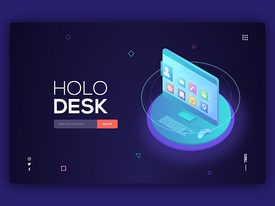 Holo Desk 2d branding clean computer concept cover design desktop graphic design holographic illusion illustration landing page concept minimal modern uiuxdesign unique userinterface website design