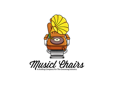 Musicl Chairs 2d branding chair clean entertainment grooming hair cut hiring job logo modern music phonograph saloon sound