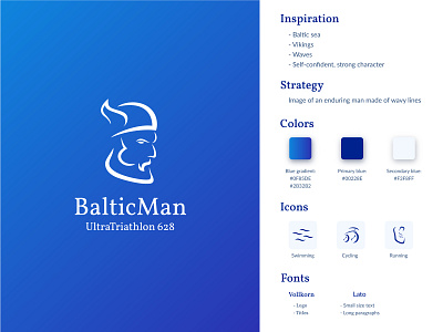 BalticMan Thriathlon Identity adobe illustrator blue brand cycling gradient icon identity lato lines logo pen running sea swimming thriathlon vector viking vollkorn wave white