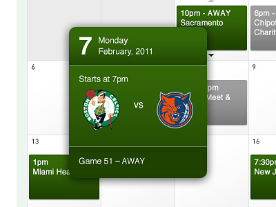 Calendar Pop Up - Boston Celtics Web App calendar components interaction design ui web design