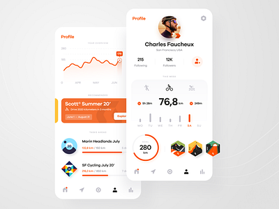 Strava App Redesign bicycle design fitness app graphs grey minimalism mobile app mobile ui orange stats strava ui ui design ux ux design white