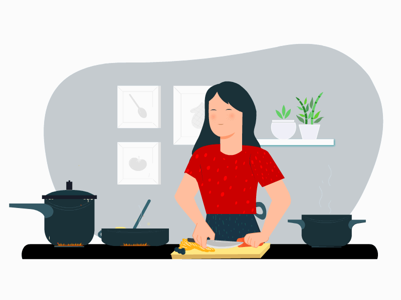 COOKING AT HOME animate cc animation chef cooking gif home illustration kitchen mom simple vector vegetables woman
