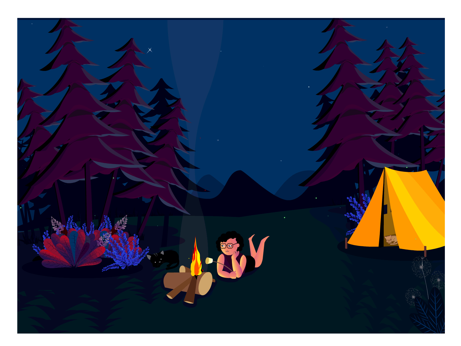 NIGHT CAMPING breeze cat cool dandelions fire fireflies flora forest girl nature pine trees summer camp tent