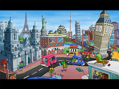 World of Chameleons buildings. chameleons city illustration road traffic
