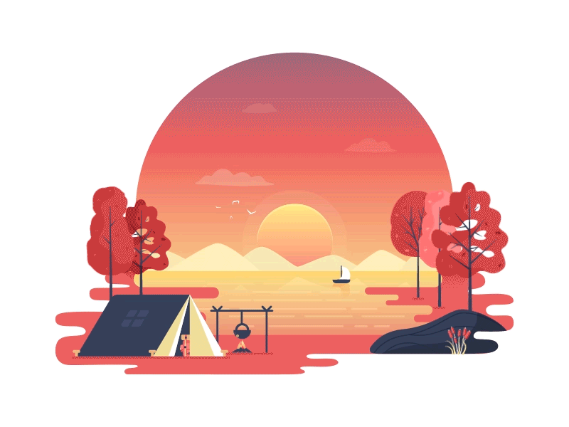 The Sunset Scenery 2d camp flat design gif illustration mountains sun sunset trees