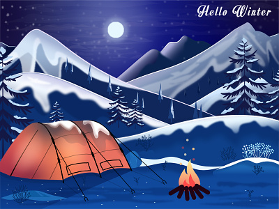 Ready for freezing ? 2d bonfire camping design flat design ice illustration mountain night trees vector winter winter is coming