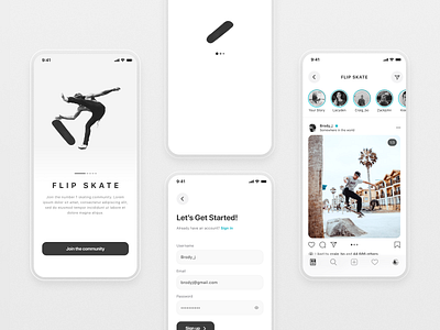 Flip Skate app black blue clean feed flat grey instagram loading minimal onboarding post sign up signup skater social stories ui white