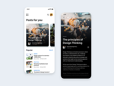 Blog posts app app design article blog blog design carousel categories dailyui dark design list lists mobile mobile design product design ui user experience user interface ux writing