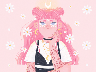Pastel girl 2d character character design character illustration daisy design female floral flowers girl illustration illustration art pastel pink procreate stars tattoo texture