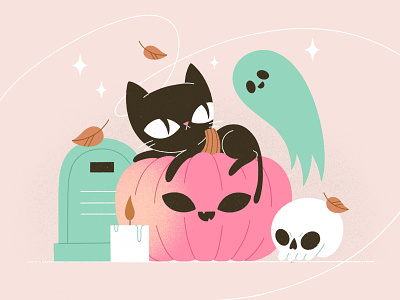 Happy Halloween! autumn candle cat character character design character illustration fall ghost grave illustration leaves magic procreate pumpkin vector