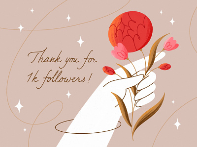 Thank you! 1000 1k 2d achievement celebration character floral flowers followers hand illustration lettering procreate thank you vector