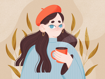 Hot tea 2d character character design character illustration drawthisinyourstyle dtiys illustration leaves procreate tea vector woman